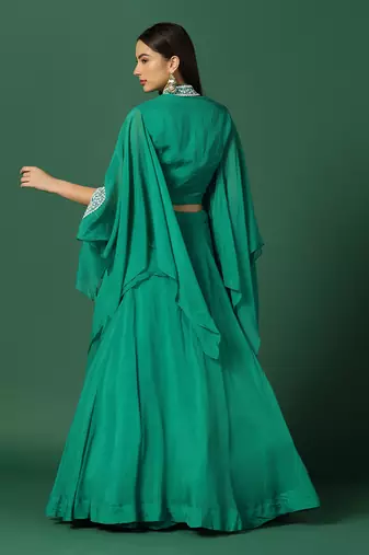 Green And Pearl Work Crop Top And Skirt With Cape