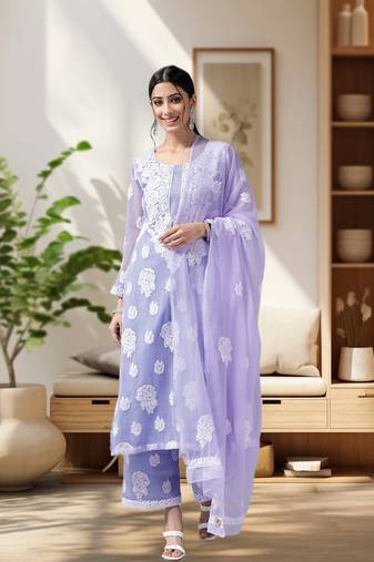 Hand Embroidered Mauve Georgette Lucknowi Chikankari Women Unstitched Suit Piece
