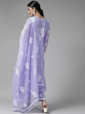 Hand Embroidered Mauve Georgette Lucknowi Chikankari Women Unstitched Suit Piece 3