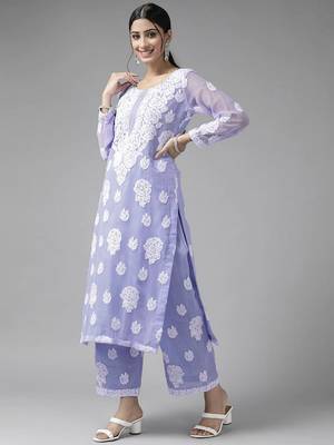 Hand Embroidered Mauve Georgette Lucknowi Chikankari Women Unstitched Suit Piece 4