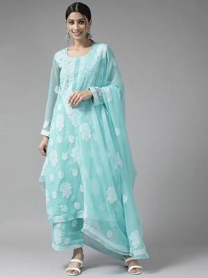 Hand Embroidered Blue Georgette Lucknowi Chikankari Women Unstitched Suit Piece 1