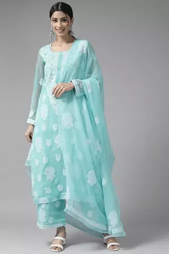 Hand Embroidered Blue Georgette Lucknowi Chikankari Women Unstitched Suit Piece