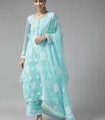 Hand Embroidered Blue Georgette Lucknowi Chikankari Women Unstitched Suit Piece