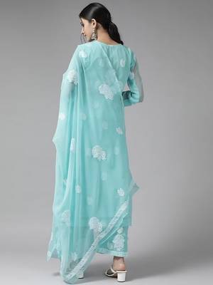 Hand Embroidered Blue Georgette Lucknowi Chikankari Women Unstitched Suit Piece 3