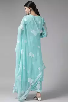 Hand Embroidered Blue Georgette Lucknowi Chikankari Women Unstitched Suit Piece