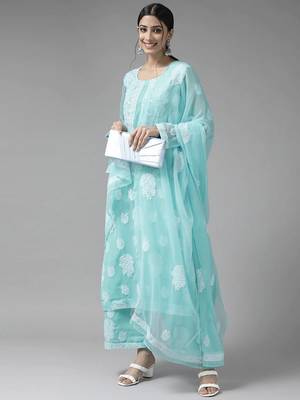 Hand Embroidered Blue Georgette Lucknowi Chikankari Women Unstitched Suit Piece 4
