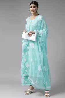 Hand Embroidered Blue Georgette Lucknowi Chikankari Women Unstitched Suit Piece