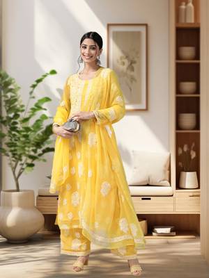 Hand Embroidered Yellow Georgette Lucknowi Chikankari Women Unstitched Suit Piece 1