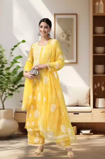 Hand Embroidered Yellow Georgette Lucknowi Chikankari Women Unstitched Suit Piece