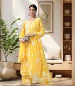 Hand Embroidered Yellow Georgette Lucknowi Chikankari Women Unstitched Suit Piece