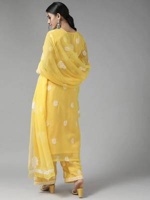 Hand Embroidered Yellow Georgette Lucknowi Chikankari Women Unstitched Suit Piece 3