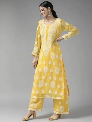 Hand Embroidered Yellow Georgette Lucknowi Chikankari Women Unstitched Suit Piece 4