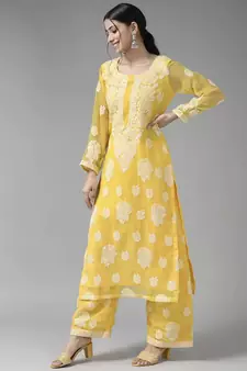 Hand Embroidered Yellow Georgette Lucknowi Chikankari Women Unstitched Suit Piece