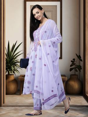 Ada Hand Embroidered Lavender Georgette Lucknowi Chikankari Women Unstitched Suit Piece - A211193 1