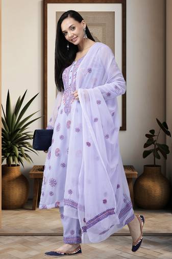 Ada Hand Embroidered Lavender Georgette Lucknowi Chikankari Women Unstitched Suit Piece - A211193