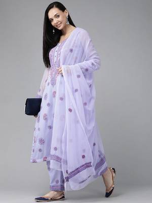 Ada Hand Embroidered Lavender Georgette Lucknowi Chikankari Women Unstitched Suit Piece - A211193 3