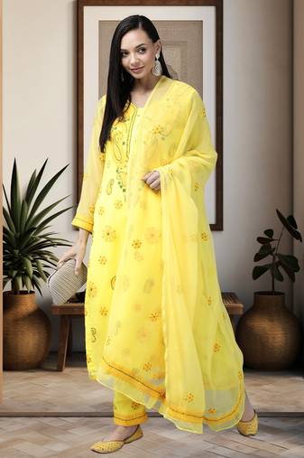 Ada Hand Embroidered Yellow Georgette Lucknowi Chikankari Women Unstitched Suit Piece - A211189