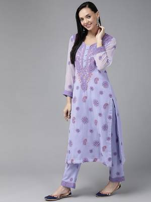 Ada Hand Embroidered Lavender Georgette Lucknowi Chikankari Women Unstitched Suit Piece - A211193 4