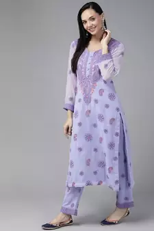 Ada Hand Embroidered Lavender Georgette Lucknowi Chikankari Women Unstitched Suit Piece - A211193