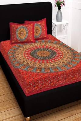 Jaipuri Red Color Circle Print 100% Cotton Double Bedsheet 1