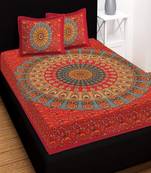 Jaipuri Red Color Circle Print 100% Cotton Double Bedsheet