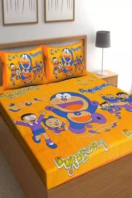 Jaipuri Yellow Color Doremon Print 100% Cotton Double Bedsheet 1
