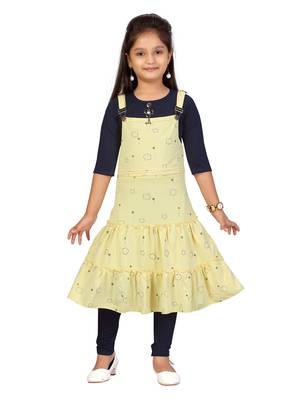 Yellow printed blended cotton girls-top-bottom 1