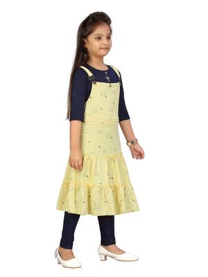Yellow printed blended cotton girls-top-bottom 2