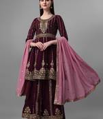 Women Wine Sequince Embroidered Design Unstitched Kurta With Plazzo & Dupatta