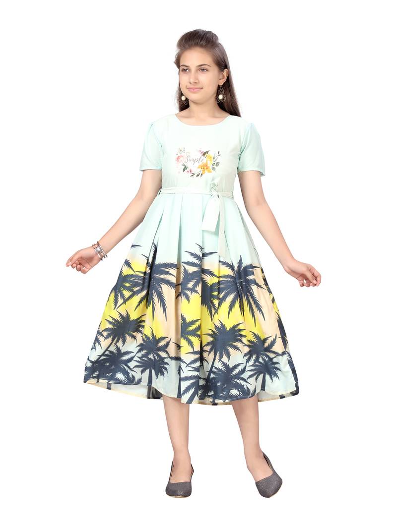 Turquoise printed rayon kids-frocks