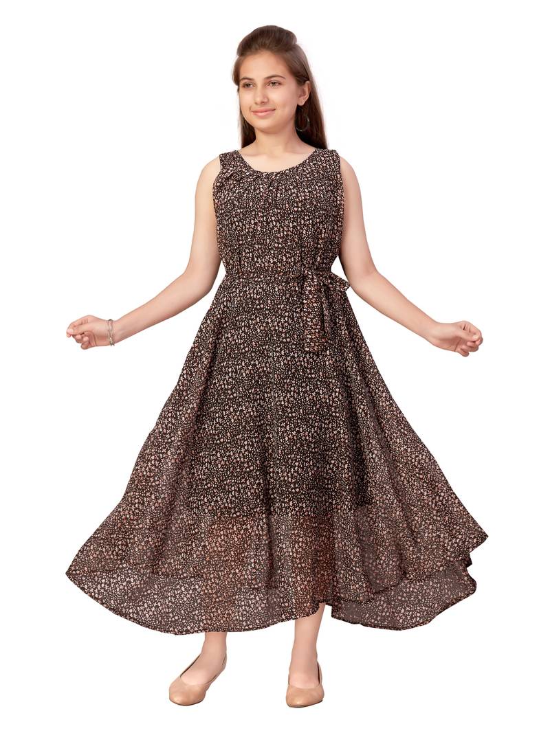 Black printed georgette kids-frocks