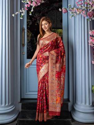 Crafted Elegance Kashmiri Pashmina Saree With Cotton Silk Base & Paisley Border 1