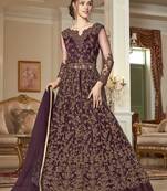 Wine Embroidered Net Semi-Stitched Anarkali Suit Up To 42" Size