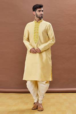 Yellow embroidered art silk dhoti-kurta 1