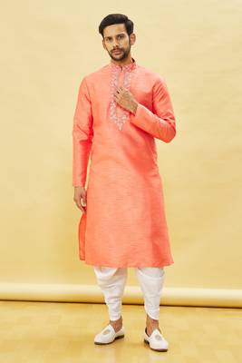 Yellow embroidered art silk dhoti-kurta 1