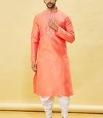Yellow embroidered art silk dhoti-kurta