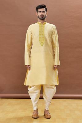 Yellow embroidered art silk dhoti-kurta 2