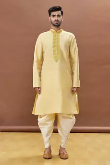 Yellow embroidered art silk dhoti-kurta