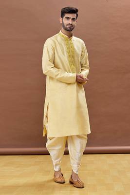 Yellow embroidered art silk dhoti-kurta 3