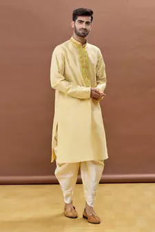 Yellow embroidered art silk dhoti-kurta