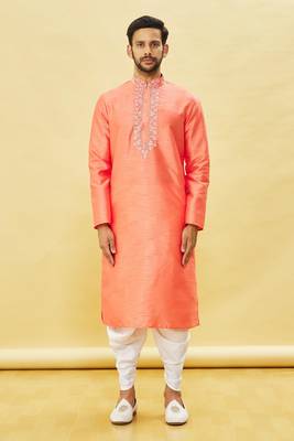 Yellow embroidered art silk dhoti-kurta 3