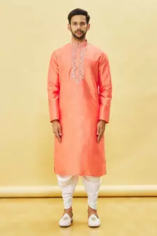 Yellow embroidered art silk dhoti-kurta