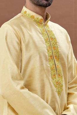 Yellow embroidered art silk dhoti-kurta 4
