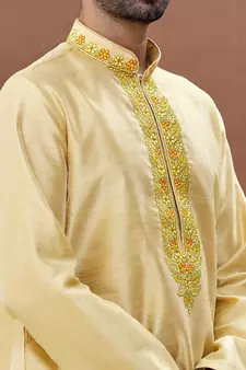 Yellow embroidered art silk dhoti-kurta