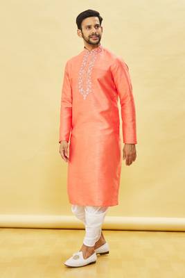 Yellow embroidered art silk dhoti-kurta 4