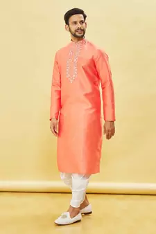 Yellow embroidered art silk dhoti-kurta