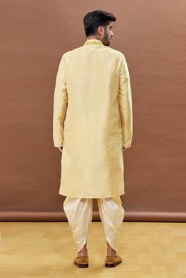 Yellow embroidered art silk dhoti-kurta 5