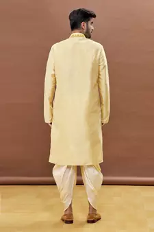 Yellow embroidered art silk dhoti-kurta