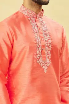 Yellow embroidered art silk dhoti-kurta