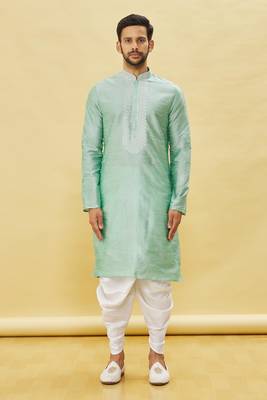Yellow embroidered art silk dhoti-kurta 3